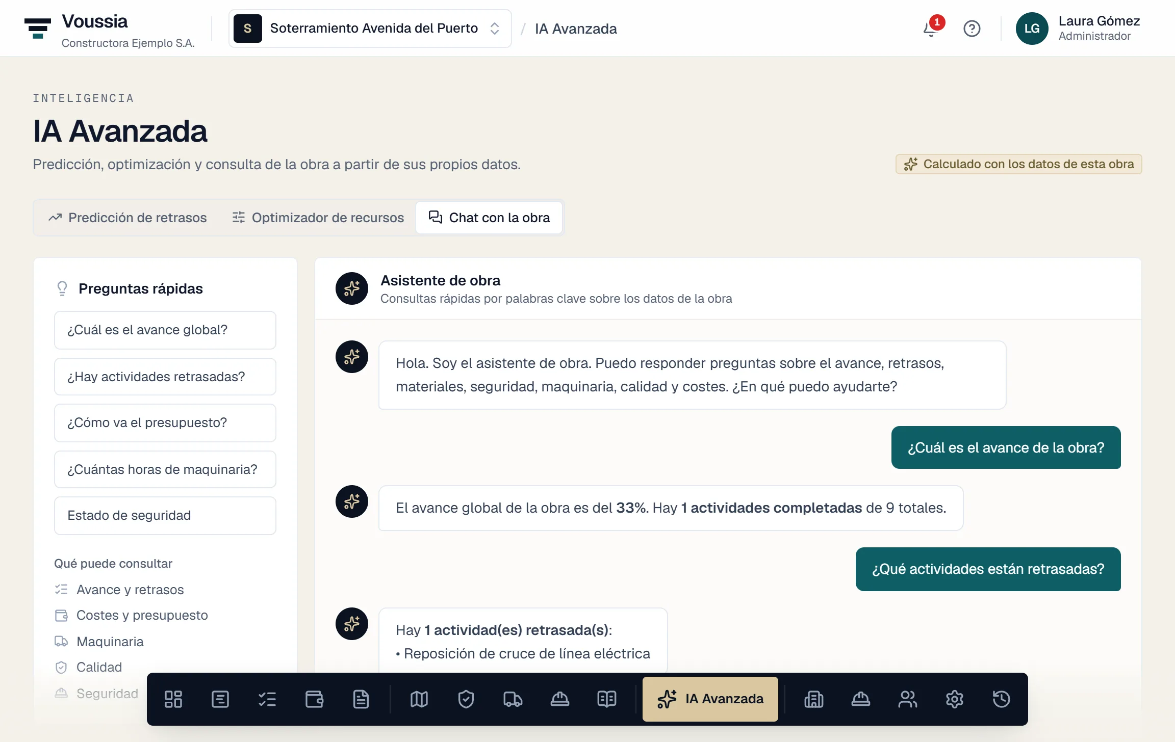 Conversación con el asistente sobre los datos de una obra
